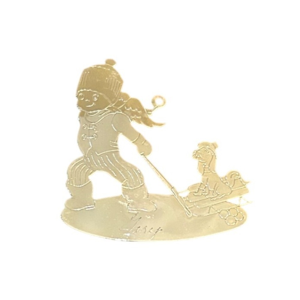 Vintage Gold Christmas Tree Ornament Boy Pulling‎ Dog Sled Gift Engraved Gary